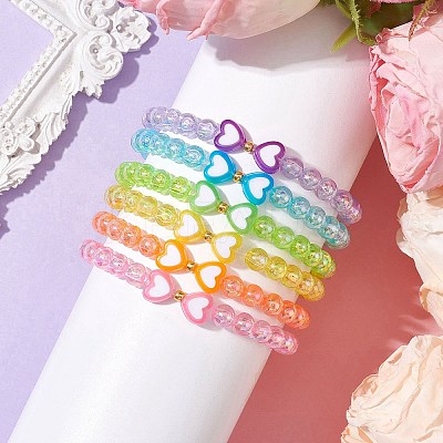 6Pcs 6 Colors Heart & Round Acrylic Beaded Stretch Kid Bracelet Sets BJEW-JB10674-1