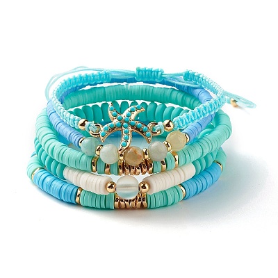 Round Stone & Polymer Clay Heishi Beads Stretch Bracelets Sets BJEW-JB07436-1