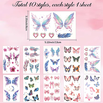 10 Sheets 10 Colors Butterfly Pattern Glitter Body Art Tattoos AJEW-SP0002-80-1