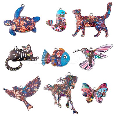 18Pcs 9 Styles Printed Alloy Pendants ENAM-CJ0005-30-1