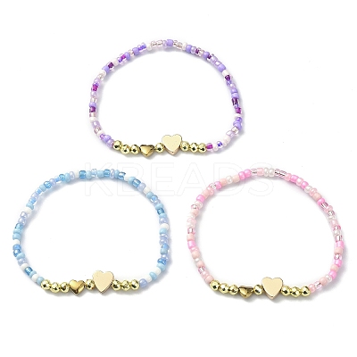 3Pcs 3 Color Non-magnetic Synthetic Hematite Heart & Glass Seed Beaded Stretch Bracelets Set BJEW-JB09457-1