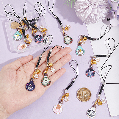 12Pcs 6 Colors Lamp Bulb with Cat Printed Alloy Mobile Straps HJEW-OC00003-1