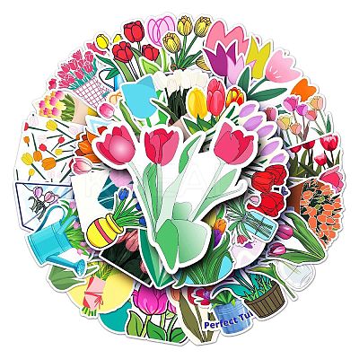 50Pcs Tulip Pattern Waterproof PVC Plastic Scrapbook Stickers STIC-PW0001-365-1