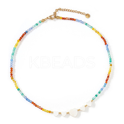 Summer Beach Rainbow Dyed Natural Stone Faceted Round Beaded Necklaces with Natural White Shell Heart Beads for Women EX6128-2-1