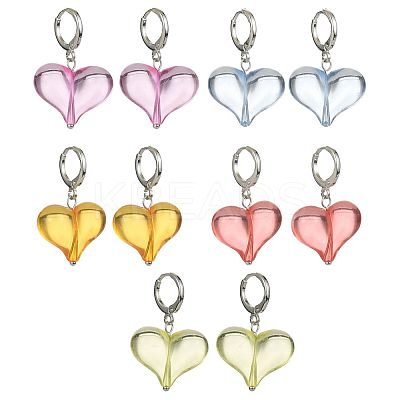 5 Pair 5 Color Acrylic Heart Dangle Leverback Earrings EJEW-TA00254-1