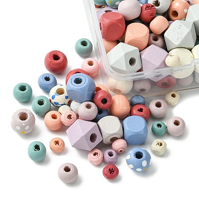 256Pcs 6 Styles Spray Painted Natural Maple Wood Beads WOOD-FS0001-10-1