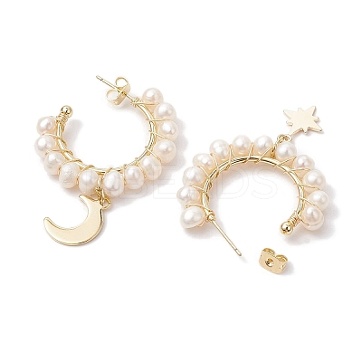 Moon & Star Natural Pearl Dangle Half Hoop Earrings EJEW-JE05895-02-1