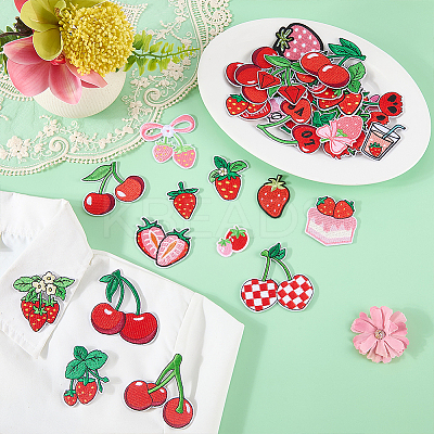 38Pcs 2 Sets 2 Styles Strawberry & Cherry Polyester Embroidered Cloth Patch PATC-WR0001-32-1