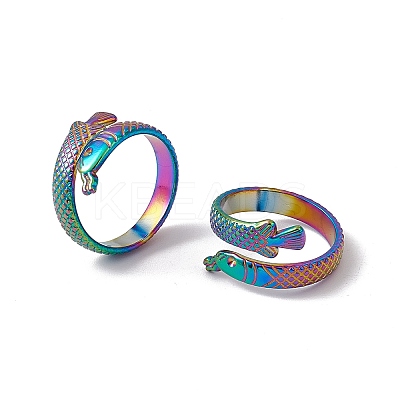 Ion Plating(IP) 304 Stainless Steel Ring Arowana Fish Wrap Open Cuff Ring for Women RJEW-C045-21M-1
