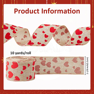 10 Yards Burlap Heart Printed Wired Ribbon OCOR-WH0082-262-1