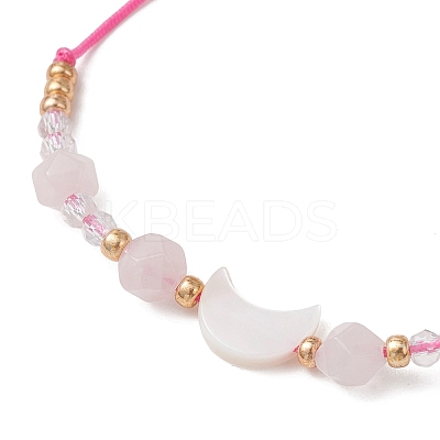 Natural Rose Quartz & Freshwater Shell Moon Charm Bracelets BJEW-MZ00303-03-1