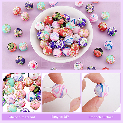 64Pcs 8 Colors Round Silicone Focal Beads SIL-GA0001-29B-1