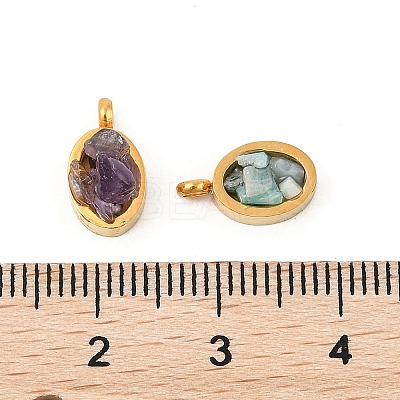 Natural Mixed Gemstone Chip 304 Stainless Steel Oval Charms KK-P300-10G-1