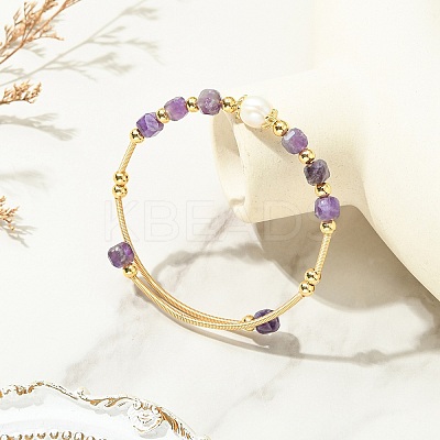 Natural Amethyst & Freshwater Pearl Beaded Copper French Wired Cuff Bangles for Women BJEW-JB13987-02-1