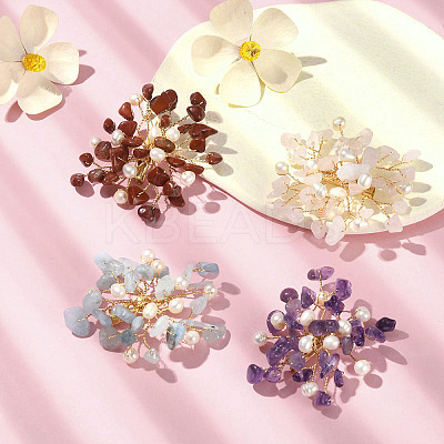 Natural Mixed Gemstone Chips & Pearl Beaded Flower Brooch Pin JEWB-BR00098-1