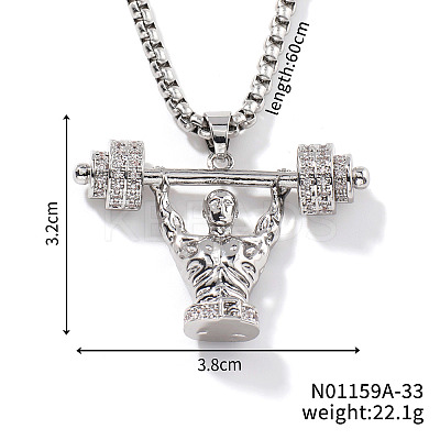 Cool Hip-hop High Street Fashion Brass Crystal Rhinestone Barbell Man Pendant Box Chain Necklaces HY8946-1-1
