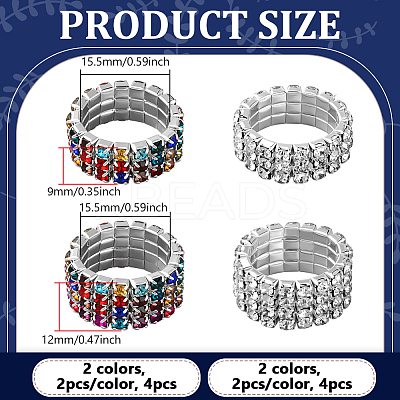 8Pcs 4 Styles Rhinestone Tennis Chains Stretch Ring for Women RJEW-HY0001-07B-1