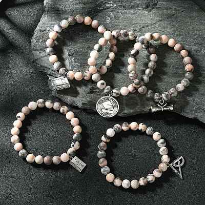 5Pcs 5 Style Natural Pink Zebra Jasper Round Beaded Stretch Bracelets Set BJEW-JB09792-S-1