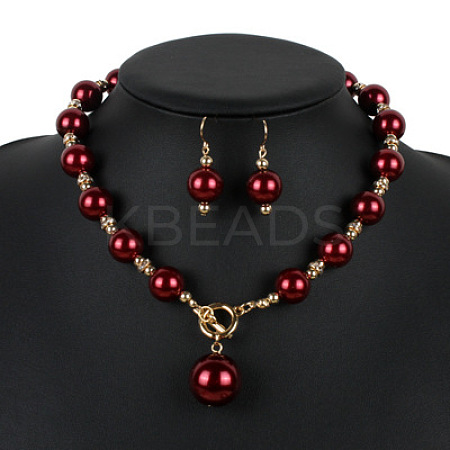 ABS Plastic Imitation Pearl Round Beaded Pendant Necklaces & Dangle Earrings Sets for Women WGD1C77-03-1