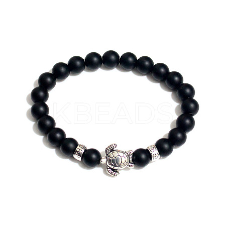Natural Black Onyx Round Beaded Stretch Bracelet with Turtle UL4697-9-1