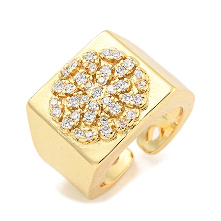 Rectangle with Flower Clear Cubic Zirconia Open Cuff Ring RJEW-L121-029G-1