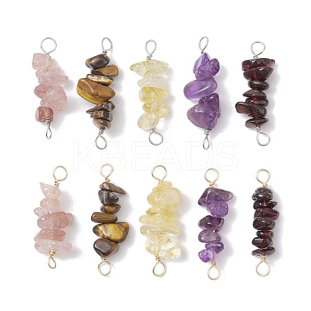10Pcs 5 Styles Constellation Natural Garnet & Rose Quartz & Tiger Eye & Amethyst & Strawberry Quartz Copper Wire Wrapped Chip Beaded Connector Charms PALLOY-JF02905-11-1