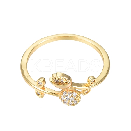 Clear Cubic Zirconia Tulip Flower Open Cuff Ring RJEW-N030-18-1