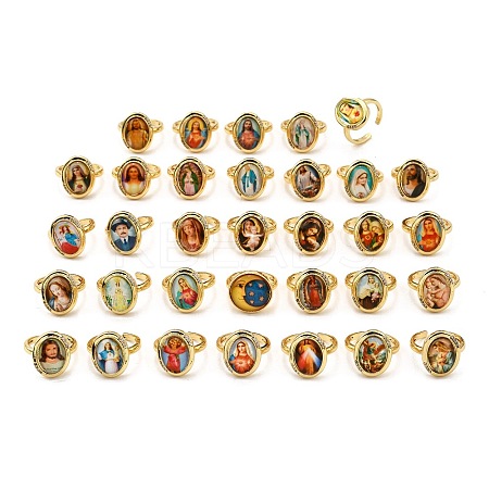 Jesus & Virgin Mary Theme Brass Micro Pave Clear Cubic Zirconia Cuff Rings for Women KK-D343-15G-1