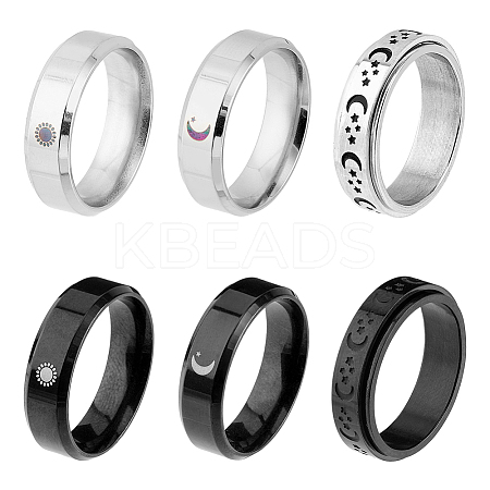 6Pcs 6 Styles Sun & Moon & Star 304 & 201 Stainless Steel Band Rings Set RJEW-FI0001-09-1