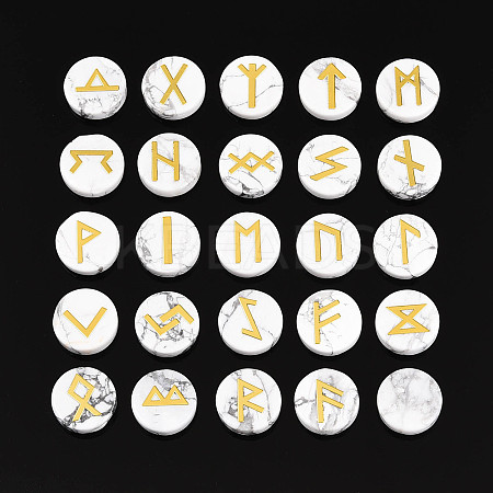 Brass Elder Futhark Alphabet Engraved Symbol Flat Round Natural Howlite Rune Stones G-I373-01F-1