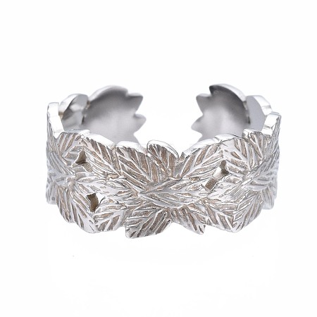 Non-Tarnish 304 Stainless Steel Leaf Wrap Open Cuff Ring RJEW-T023-27P-1