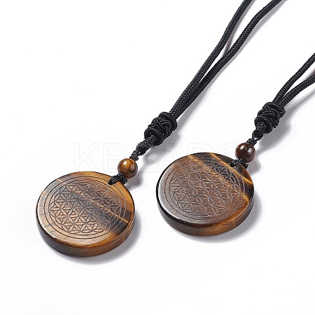 Natural Tiger Eye Flat Round with Flower of Life Pendant Necklace with Nylon Cord for Women NJEW-P274-02-01-1