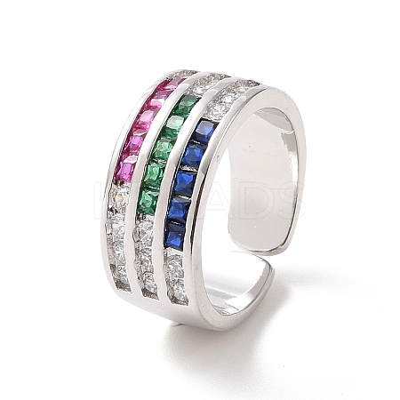 Colorful Cubic Zirconia Triple Line Open Cuff Ring RJEW-G270-04P-1