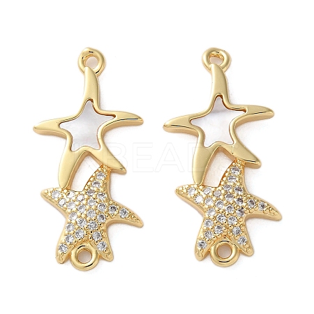 Brass Micro Pave Clear Cubic Zirconia Double Starfish Connector Charms KK-U070-08G-1