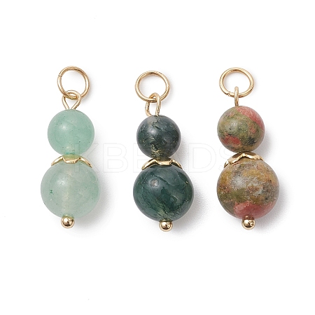 3Pcs 3 Styles Natural Green Aventurine & Moss Agate & Unakite Round Beaded Pendants PALLOY-JF04701-02-1