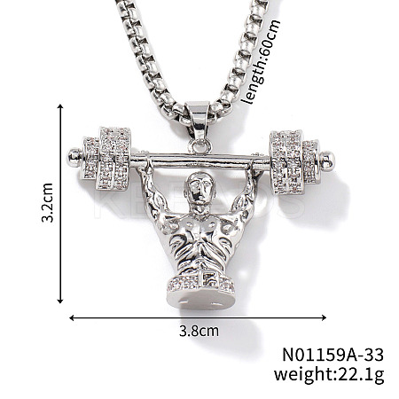 Cool Hip-hop High Street Fashion Brass Crystal Rhinestone Barbell Man Pendant Box Chain Necklaces HY8946-1-1