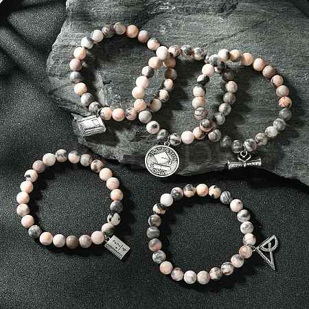 5Pcs 5 Style Natural Pink Zebra Jasper Round Beaded Stretch Bracelets Set BJEW-JB09792-S-1