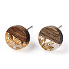 Transparent Resin & Walnut Wood Flat Round Stud Earrings EJEW-TAC0021-18A-01-1