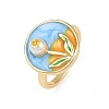 Brass Sky Blue Enamel Flower Cuff Rings RJEW-C139-17C-G-4