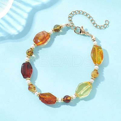Gradient Color Natural Amber & Shell Pearl Beaded Bracelets for Women BJEW-JB13553-1