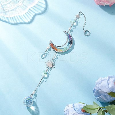 Brass Moon & Chakra Natural Mixed Gemstone Chips Hanging Suncatchers HJEW-JM04488-1