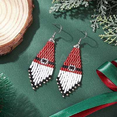 304 Stainless Steel Glass Seed Beads Christmas Hat Dangle Earrings EJEW-MZ00528-1