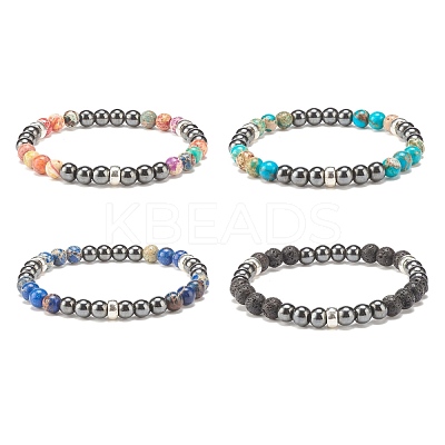 Natural Gemstone & Synthetic Hematite Round Beaded Stretch Bracelet for Women BJEW-JB08305-1