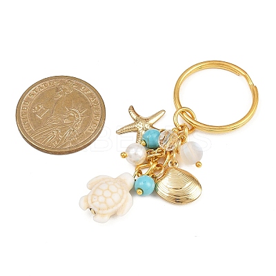 4Pcs 4 Colors Ocean Series Natural White Jade & Lapis Lazuli & Green Aventurine & Synthetic Turquoise & 304 Stainless Steel Starfish Shell Shape Turtle Keychain KEYC-JKC01388-1