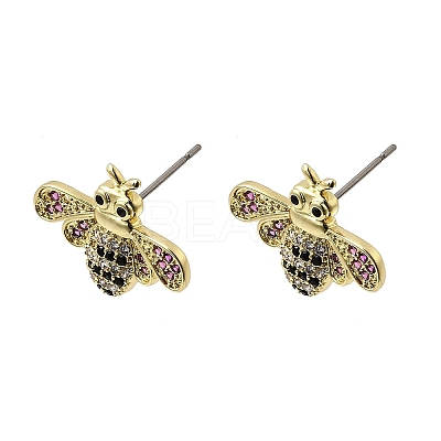 Brass Colorful Cubic Zirconia Bees Stud Earrings EJEW-L261-017G-1