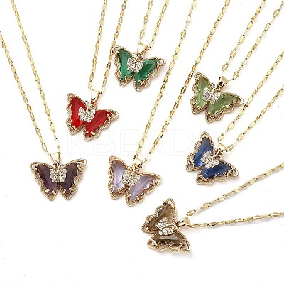 Butterfly Light Gold Brass Micro Pave Cubic Zirconia Pendant Necklaces NJEW-E105-04KCG-1