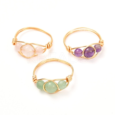 Copper Wire Wrapped Mixed Natural Gemstone Braided Bead Rings for Women RJEW-JR00387-1