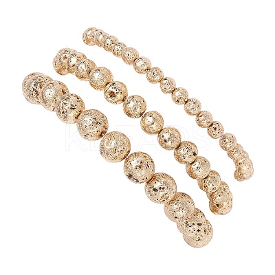 3Pcs 3 Styles Electroplated Natural Lava Rock Round Beads Stretch Bracelets for Women Men BJEW-JB11982-1