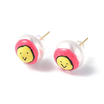 Natural Shell Smiling Face Stud Earrings with Enamel EJEW-G334-04A-1