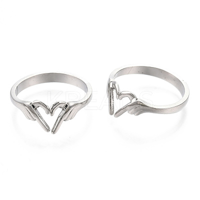 Non-Tarnish 304 Stainless Steel Hand Heart Cuff Rings RJEW-N038-121P-1